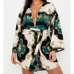 Boohoo Plus Plunge Chain Print Skater Wrap Tie Waist Long Sleeve Dress